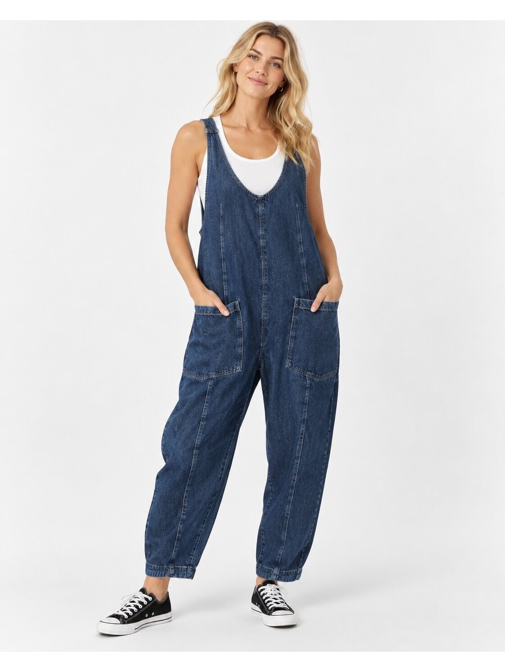 Free People We The Free High Roller Denim Jumpsuit Sz Sm Blue Slouchy Oversized